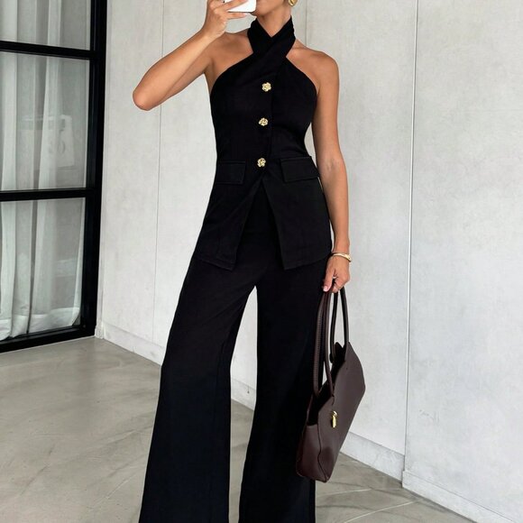 Black Chic Old Money Style Women's Two halter top and pant 2 Pieces set - Picture 5 of 7